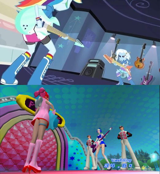 Size: 522x568 | Tagged: safe, derpibooru import, rainbow dash, trixie, equestria girls, guitar centered, rainbow rocks, bass battle, guitar, meme, space channel 5, ulala