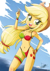 Size: 739x1055 | Tagged: suggestive, artist:the-butch-x, derpibooru import, applejack, equestria girls, adorasexy, applejack's hat, armpits, beach, belly button, bicolor swimsuit, bikini, blushing, breasts, busty applejack, cleavage, clothes, cowboy hat, cruise ship, curvy, cute, cutie mark, cutie mark on equestria girl, female, garter, green swimsuit, hand on hip, hat, jackabetes, ocean, peace sign, red swimsuit, sexy, ship, solo, solo female, swimsuit, underass, water, wristband, x summer