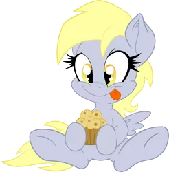 Size: 6000x6109 | Tagged: safe, artist:dfectivedvice, artist:serenawyr, derpibooru import, derpy hooves, :p, absurd resolution, colored, cute, derpabetes, filly, happy, muffin, simple background, solo, tongue out, transparent background, underhoof, vector