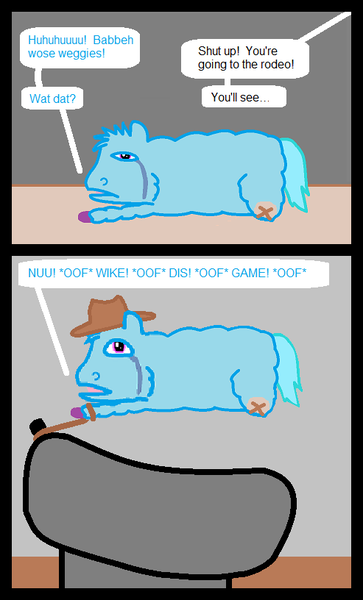 Size: 493x816 | Tagged: 2 panel comic, abuse, amputee, artist:bogie, comic, derpibooru import, fluffy pony, fluffy pony grimdark, grimdark, rodeo