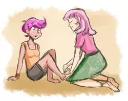 Size: 1000x793 | Tagged: anklet, artist:php52, barefoot, blushing, bracelet, cheerilee, clothes, derpibooru import, eyes closed, feet, foot fetish, human, humanized, kneeling, open mouth, safe, scootaloo, sitting, skirt, smiling, wide eyes