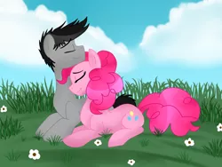 Size: 1024x768 | Tagged: artist:pastelflakes, crossover, crossover shipping, dan, dan pie, dan vs, derpibooru import, female, flower, male, neck nuzzle, nuzzling, pinkie pie, ponified, safe, shipping, straight
