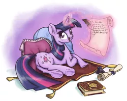 Size: 1280x1026 | Tagged: safe, artist:king-kakapo, derpibooru import, twilight sparkle, pony, unicorn, book, carpet, chest fluff, cloven hooves, colored, ear fluff, looking at you, looking back, magic, open mouth, pillow, plot, quill, scroll, side, smiling, solo, telekinesis, underhoof, unicorn twilight, unshorn fetlocks, writing