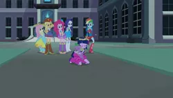 Size: 1366x768 | Tagged: safe, derpibooru import, screencap, applejack, fluttershy, pinkie pie, rainbow dash, rarity, spike, twilight sparkle, dog, equestria girls, big crown thingy, boots, bracelet, cowboy boots, cowboy hat, crown, fall formal outfits, hat, high heel boots, jewelry, mane six, regalia, spike the dog