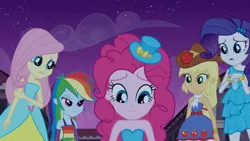 Size: 1366x768 | Tagged: safe, derpibooru import, screencap, applejack, fluttershy, pinkie pie, rainbow dash, rarity, equestria girls, bracelet, clothes, dress, fall formal outfits, hat, humane five, jewelry, sleeveless, strapless, top hat