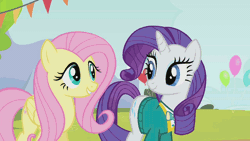 Size: 960x540 | Tagged: safe, derpibooru import, screencap, fluttershy, rarity, pegasus, pony, unicorn, filli vanilli, animated, balloon, banner, blinking, clothes, cute, eyes closed, female, looking at each other, mare, no drama, nuzzling, ponytones outfit, raised hoof, raribetes, shyabetes, smiling, sweet