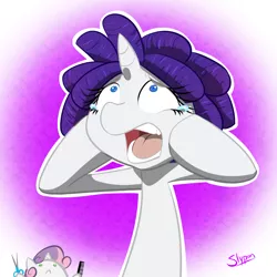 Size: 800x800 | Tagged: alternate hairstyle, artist:slypon, chibi, comb, crying, derpibooru import, dreadlocks, fashion disaster, haircut, rarity, sad, safe, scissors, sweetie belle, tragedy, you've met with a terrible fate haven't you?
