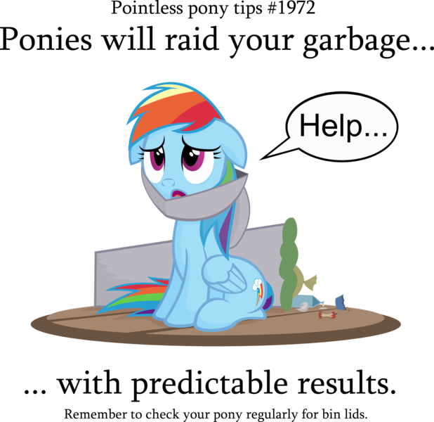 Size: 3283x3189 | Tagged: dead source, safe, artist:jittery-the-dragon, derpibooru import, rainbow dash, pegasus, pony, cute, dashabetes, female, floppy ears, frown, looking up, mare, open mouth, pointless pony tips, rainbow trash, rubbish, sad, simple background, sitting, solo, stuck, transparent background, trash, trash can, trash can lid