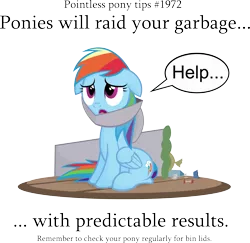 Size: 3283x3189 | Tagged: dead source, safe, artist:jittery-the-dragon, derpibooru import, rainbow dash, pegasus, pony, cute, dashabetes, female, floppy ears, frown, looking up, mare, open mouth, pointless pony tips, rainbow trash, rubbish, sad, simple background, sitting, solo, stuck, transparent background, trash, trash can, trash can lid