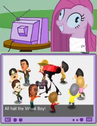 Size: 580x750 | Tagged: all hail the virtual boy, derpibooru import, exploitable meme, insanity, meme, mii, nintendo, obligatory pony, pinkamena diane pie, pinkie pie, reggie fils-aime, safe, tomodachi life, tv meme, virtual boy