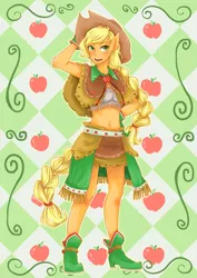 Size: 2480x3507 | Tagged: ambiguous facial structure, anthro, applejack, artist:buryooooo, belly button, clothes, derpibooru import, dress, gala dress, midriff, pixiv, safe, solo