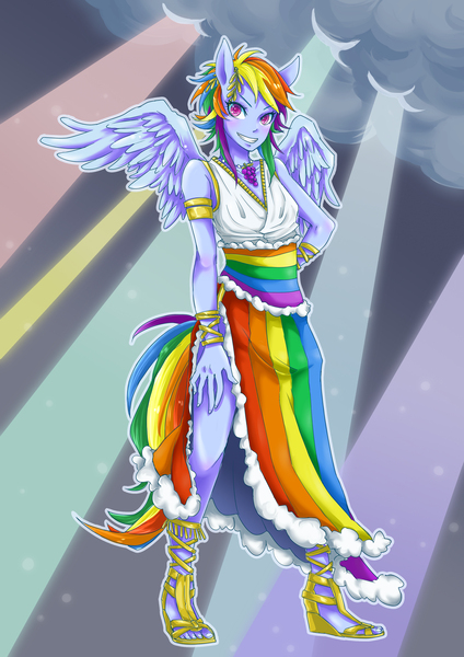 Size: 2480x3507 | Tagged: anthro, artist:buryooooo, clothes, derpibooru import, dress, gala dress, human facial structure, pixiv, rainbow dash, safe, side slit, solo