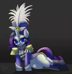 Size: 1211x1255 | Tagged: safe, artist:raikoh, derpibooru import, rarity, pony, unicorn, testing testing 1-2-3, ancient wonderbolts uniform, clothes, female, gray background, hat, looking at you, mare, sgt. rarity, shako, side, simple background, solo, uniform