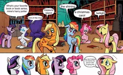 Size: 800x490 | Tagged: safe, derpibooru import, applejack, fluttershy, pinkie pie, rainbow dash, rarity, twilight sparkle, twilight sparkle (alicorn), alicorn, pony, a christmas carol, book, exploitable meme, female, fourth wall, harry potter, lord of the rings, mane 6 interests, mane six, mare, meme, the shining, treasure island, twilight (series)