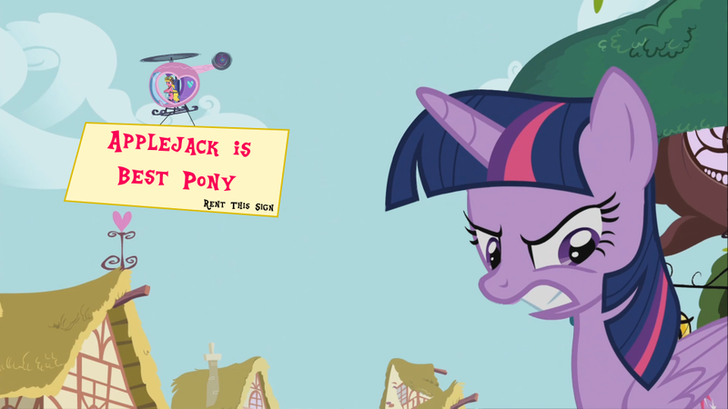 Size: 960x540 | Tagged: safe, derpibooru import, edit, screencap, applejack, cherry berry, twilight sparkle, twilight sparkle (alicorn), alicorn, pony, testing testing 1-2-3, angry, aviator hat, best pony, female, frown, gritted teeth, hat, helicopter, mare, pedalcopter, sign