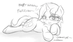Size: 7023x4063 | Tagged: safe, artist:jetwave, derpibooru import, oc, oc:glimmerlight, unofficial characters only, pony, fallout equestria, fallout equestria: murky number seven, absurd resolution, bedroom eyes, birthday gift, heart, monochrome, sketch, solo