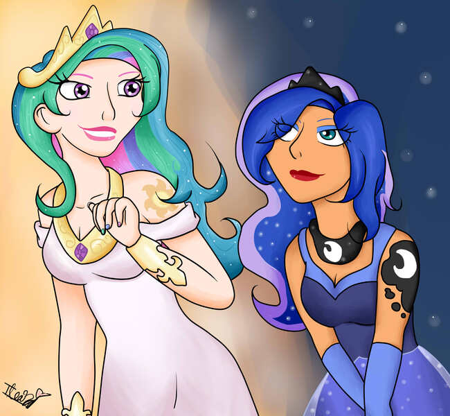 Size: 2106x1944 | Tagged: artist:kisshulove9, derpibooru import, human, humanized, princess celestia, princess luna, safe