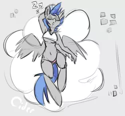 Size: 940x870 | Tagged: anthro, anthro oc, artist:cider, belly button, breasts, clothes, cloud, derpibooru import, drool, eyes closed, female, :o, oc, oc:sapphire sights, panties, sleeping, solo, solo female, spread wings, suggestive, underboob, underwear, unguligrade anthro, unofficial characters only, zzz