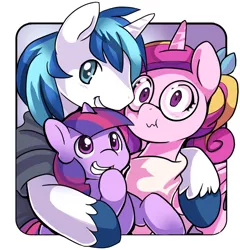 Size: 650x676 | Tagged: artist:ende26, ask high school cadance, cute, derpibooru import, filly, glasses, hug, princess cadance, safe, scrunchy face, shining armor, twilight sparkle