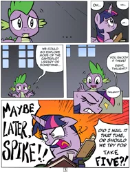 Size: 4825x6394 | Tagged: safe, artist:redapropos, derpibooru import, spike, twilight sparkle, twilight sparkle (alicorn), alicorn, pony, comic:maybe later spike, absurd resolution, angry, comic, female, mare, spikeabuse, this will end in tears, twibitch sparkle, yelling