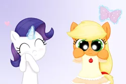 Size: 5153x3438 | Tagged: safe, artist:poppun, derpibooru import, applejack, rarity, absurd resolution, clothes, dress, filly, heart, magic, ribbon, younger