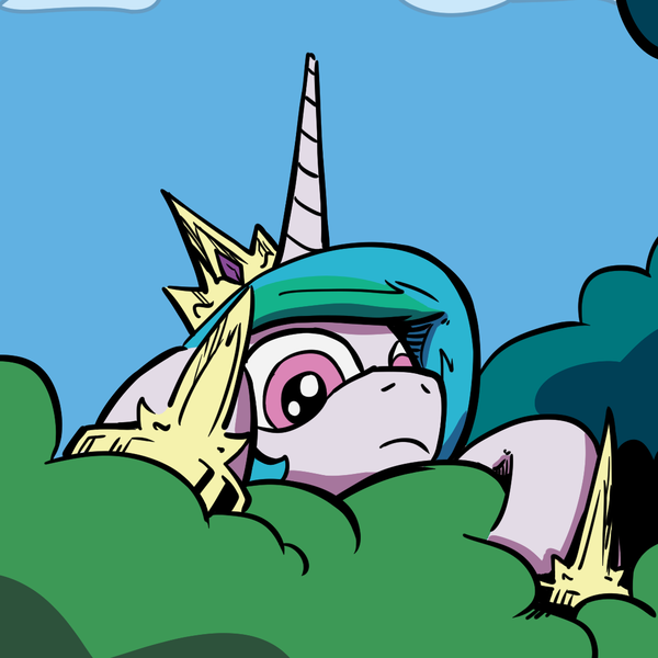 Size: 1100x1100 | Tagged: safe, artist:lovelyneckbeard, derpibooru import, princess celestia, pony, bush, creeper, cropped, female, hiding, i can't believe it's not idw, lurking, mare, reaction image, solo, soon