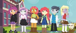 Size: 2004x876 | Tagged: safe, artist:schwarzekatze4, derpibooru import, apple bloom, babs seed, dinky hooves, rumble, scootaloo, sweetie belle, oc, oc:ganache, cat, ask the harmony crusaders, equestria girls, alternate universe, equestria girls-ified, harmony-verse, species swap