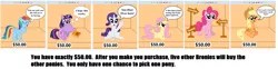 Size: 1547x383 | Tagged: safe, artist:vincentthecrow, derpibooru import, applejack, fluttershy, pinkie pie, rainbow dash, rarity, twilight sparkle, twilight sparkle (alicorn), alicorn, pony, barcode, bronybait, choice, dilemma, female, grammar error, mare, pick one, ponies for sale, preening, puppy dog eyes, signs, solo, speech bubble, talking, talking to viewer, thought bubble