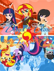 Size: 768x1024 | Tagged: safe, artist:rob barba, derpibooru import, octavia melody, sunset shimmer, twilight sparkle, twilight sparkle (alicorn), oc, oc:raspberry beryl, pony, equestria girls, alternate design, angry, bomber jacket, clothes, crying, fanfic art, fanfic cover, humanized, inverted, japanese, kanji, mirrored, seven days in sunny june