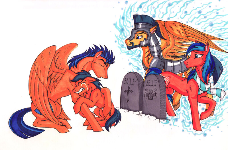 Size: 3255x2144 | Tagged: armor, artist:whitefangkakashi300, brothers, clothes, crying, derpibooru import, first base, flash sentry, gravestone, hug, oc, orange bros, parent, safe, scarf