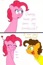 Size: 725x1102 | Tagged: safe, artist:crazynutbob, derpibooru import, cheese sandwich, pinkie pie, asdfmovie, blushing, cheesepie, comic, cute, dialogue, eyes closed, female, flirting, heart, male, parody, shipping, smiling, straight