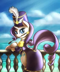 Size: 1072x1280 | Tagged: ancient wonderbolts uniform, artist:shydale, balcony, bipedal leaning, clothes, derpibooru import, dock, female, hat, leaning, looking at you, looking back, mouth hold, rarity, riding crop, sgt. rarity, shako, smiling, solo, solo female, suggestive, testing testing 1-2-3, uniform, water, wonderbolts uniform