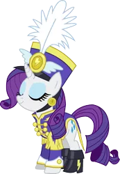 Size: 925x1333 | Tagged: safe, derpibooru import, rarity, pony, unicorn, testing testing 1-2-3, ancient wonderbolts uniform, boots, clothes, eyes closed, female, hat, mare, sgt. rarity, shako, simple background, smiling, solo, transparent background, uniform, vector