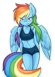 Size: 3225x4489 | Tagged: abs, anthro, artist:ambris, beautiful, bedroom eyes, belly button, blue fur, bra strap, breasts, chest fluff, clothes, female, midriff, multiple variants, muscles, pink eyes, rainbow dash, rainbuff dash, sexy, short hair, shorts, simple background, smiling, smirk, solo, solo female, sports bra, sports shorts, suggestive, sultry pose, white background