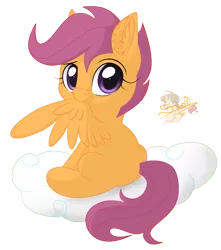 Size: 707x800 | Tagged: artist:unisoleil, biting, cloud, cute, cutealoo, derpibooru import, mouth hold, nom, on a cloud, preening, safe, scootaloo, simple background, solo, transparent background, wing bite, wing noms