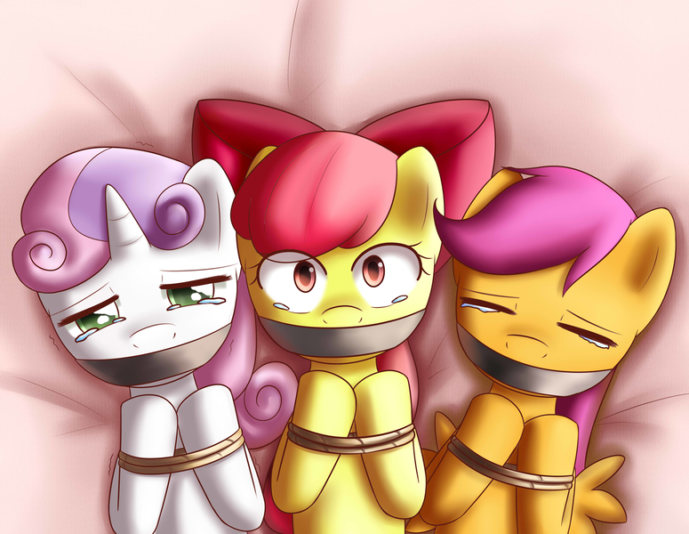 Size: 1549x1200 | Tagged: apple bloom, artist:dyoung, bondage, crying, cutie mark crusaders, derpibooru import, filly, foalcon, kidnapped, pixiv, scootaloo, suggestive, sweetie belle