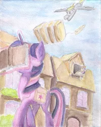 Size: 2268x2835 | Tagged: safe, artist:plainoasis, derpibooru import, bon bon, derpy hooves, sweetie drops, twilight sparkle, pegasus, pony, unicorn, book, facebook, facebooking, female, flying, frown, imminent pain, levitation, magic, mare, open mouth, reading, saddle bag, telekinesis, this will end in pain, traditional art, walking, working