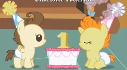 Size: 1246x689 | Tagged: babies, baby cakes, baby ponies, cake, cake twins, cute, diaper, diapered, diapered colt, diapered filly, diapered foals, female, filly, happy, happy babies, hat, one month old colt, one month old filly, one month old foals, party hat, pound cake, pumpkin cake, safe, screencap, siblings, sitting, smiling, standing, twins, white diapers