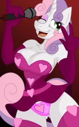 Size: 958x1536 | Tagged: suggestive, artist:lil miss jay, derpibooru import, sweetie belle, anthro, full service playing cards, breasts, busty sweetie belle, cleavage, clothes, evening gloves, female, heart, microphone, older, panties, peace sign, short dress, singing, solo, solo female, stockings, underass, underwear, wink