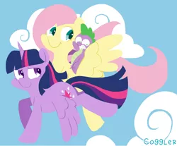 Size: 968x803 | Tagged: safe, artist:coggler, derpibooru import, fluttershy, spike, twilight sparkle, twilight sparkle (alicorn), alicorn, dragon, pegasus, pony, :t, blue background, cloud, cute, dragons riding ponies, female, flying, frown, gritted teeth, lesbian, lidded eyes, looking back, looking down, male, mare, riding, scared, shipping, simple background, sky, smiling, smirk, spread wings, trio, twishy, wide eyes, wings