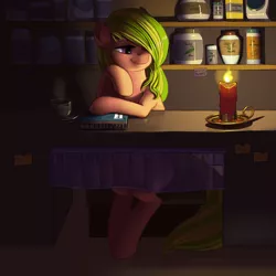 Size: 800x800 | Tagged: safe, artist:kevinsano, derpibooru import, oc, oc:tea leaf, unofficial characters only, earth pony, pony, bedroom eyes, book, candle, jar, shop, shopkeeper, sitting, smiling, solo, store, tea, watching