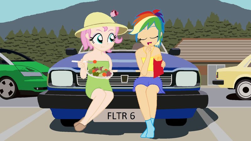 Size: 1191x670 | Tagged: safe, artist:garretthegarret, derpibooru import, fluttershy, rainbow dash, comic:a weekend away, equestria girls, alternate hairstyle, bare shoulders, belly button, car, clothes, dress, eating, midriff, renault avantime, skirt, sleeveless, strapless, triumph, triumph acclaim