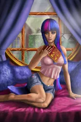 Size: 4000x6000 | Tagged: artist:weabb, barefoot, belly button, breasts, clothes, daisy dukes, derpibooru import, feet, female, human, humanized, shorts, solo, solo female, suggestive, twilight sparkle, uncanny valley