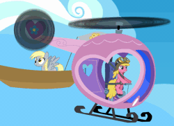 Size: 550x400 | Tagged: safe, derpibooru import, edit, screencap, cherry berry, derpy hooves, pegasus, pony, testing testing 1-2-3, airship, animated, aviator hat, boat, female, flag, flying, hat, helicopter, mare, motorboat, muffin, pedalcopter, pun, wat