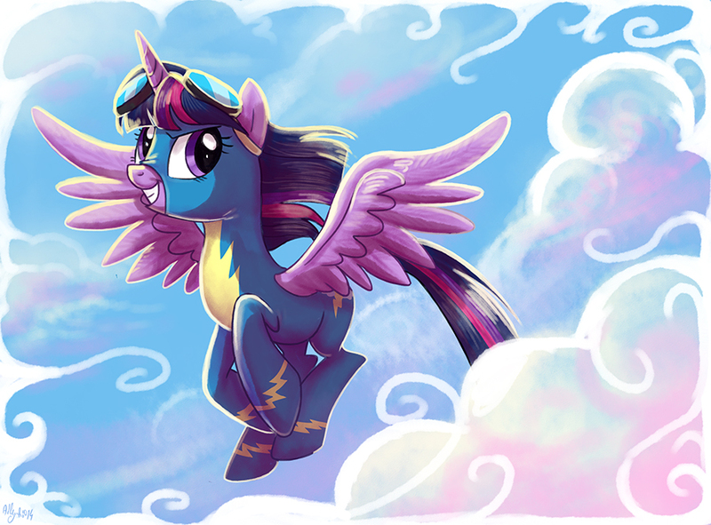 Size: 900x665 | Tagged: safe, artist:yulyeen, derpibooru import, twilight sparkle, twilight sparkle (alicorn), alicorn, pony, cloud, cloudy, female, flying, grin, looking at you, mare, smiling, solo, spread wings, wonderbolts, wonderbolts uniform