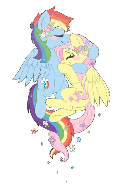 Size: 733x1135 | Tagged: safe, artist:pawbit, derpibooru import, fluttershy, rainbow dash, blushing, clothes, corset, cute, female, floral head wreath, flower, flower in hair, flower in tail, flutterdash, hug, intertwined tails, lesbian, shipping