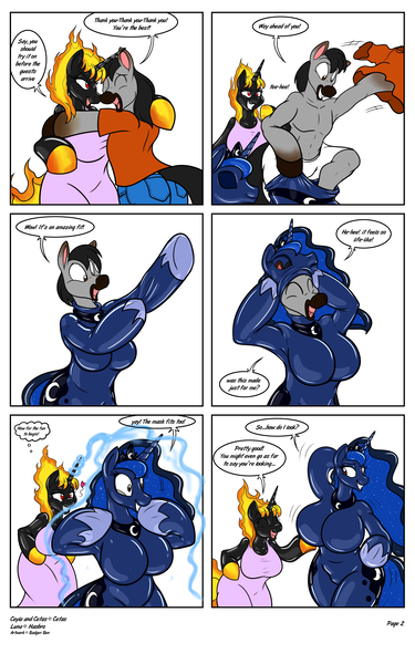 Size: 3191x5109 | Tagged: absurd resolution, anthro, artist:badgerben, big breasts, breasts, busty princess luna, clothes, comic, comic:cetas nightmare night, costume, derpibooru import, disguise, female, furry, huge breasts, latex, male to female, oc, oc:cetas, oc:ceyla, princess luna, questionable, rule 63, transformation, transgender transformation, unguligrade anthro