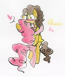 Size: 820x975 | Tagged: safe, artist:rainbowlover001, derpibooru import, cheese sandwich, pinkie pie, blushing, cheesepie, female, heart, hug, male, shipping, shocked, smiling, straight, traditional art