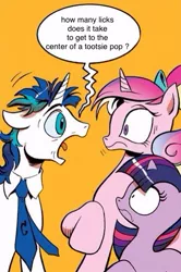 Size: 365x549 | Tagged: derpibooru import, exploitable meme, idw, meme, princess cadance, question, safe, screaming armor, shining armor, spoiler:comic, tootsie pop, twilight sparkle