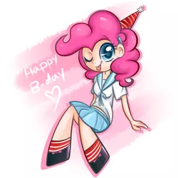 Size: 3000x3000 | Tagged: safe, artist:suzuii, derpibooru import, pinkie pie, human, :p, abstract background, clothes, colored pupils, cute, female, happy birthday, heart, humanized, looking at you, sailor uniform, school uniform, schoolgirl, sitting, smiling, solo, tongue out, wink